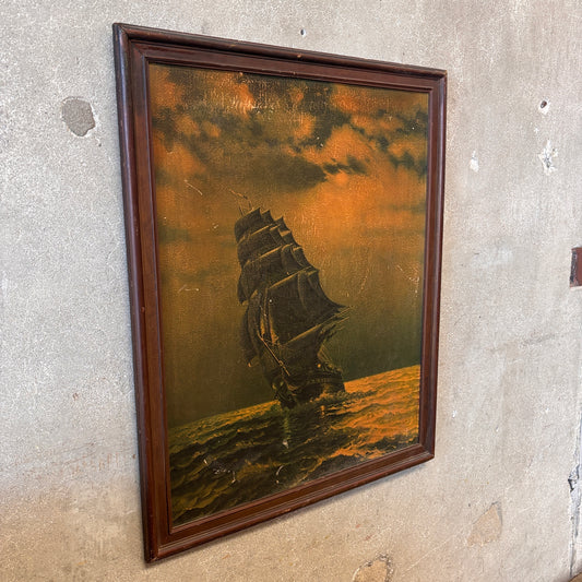 Vintage Framed Textured Framed Lithograph Of Old Ironsides By Gordon Grant