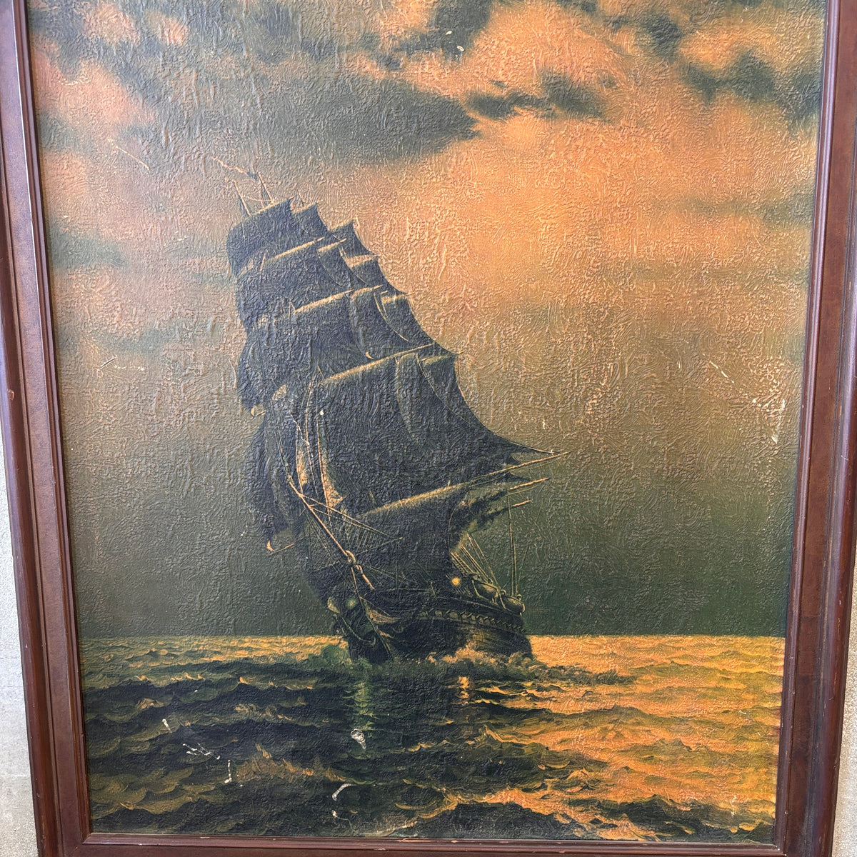 Vintage Framed Textured Framed Lithograph Of Old Ironsides By Gordon Grant