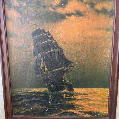 Vintage Framed Textured Framed Lithograph Of Old Ironsides By Gordon Grant