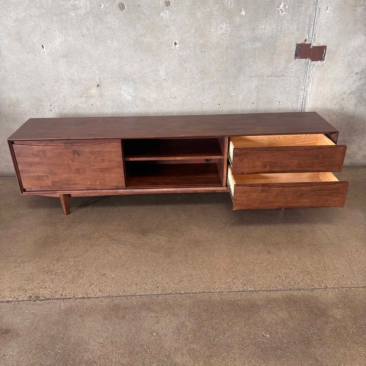 Dwell Low Media Console Solid Rubberwood With Walnut Finish