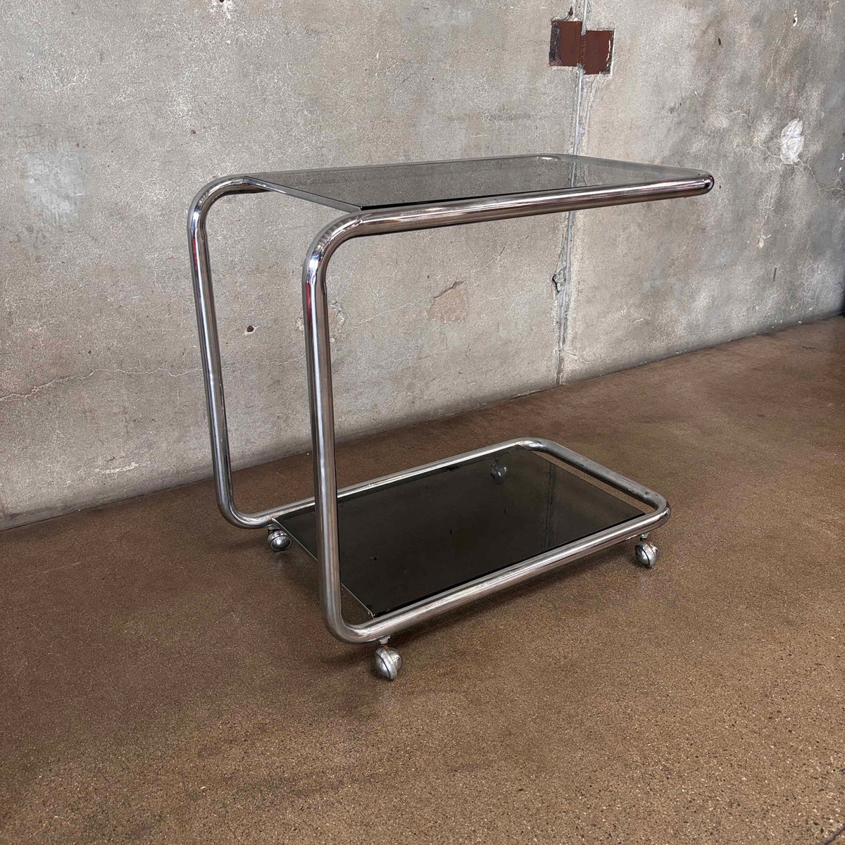 Vintage Italian Chrome Cart With Smoked Glass