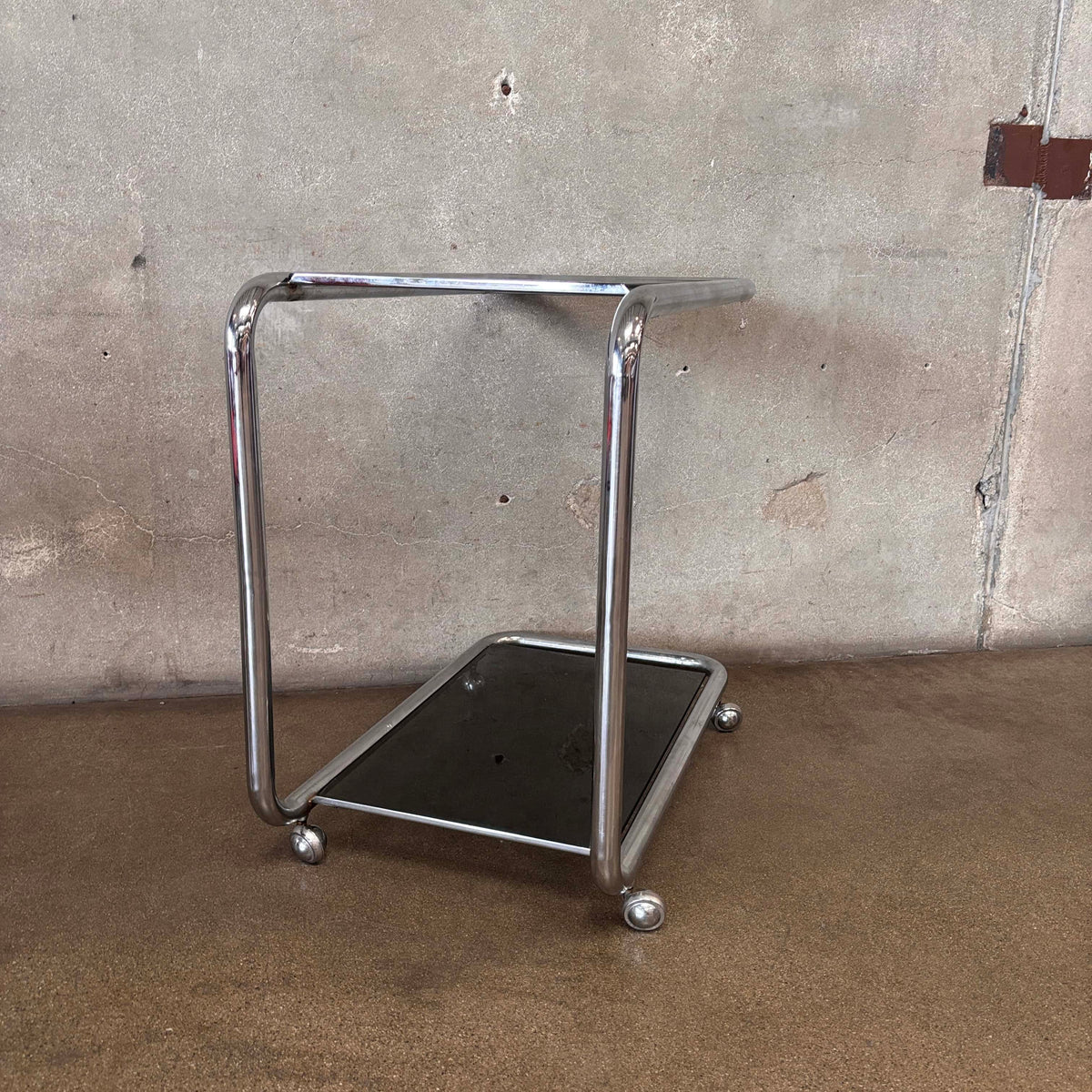 Vintage Italian Chrome Cart With Smoked Glass
