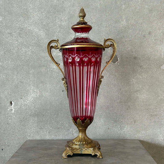 Antique Ruby Red Cut Crystal Urn/Vase Bronze