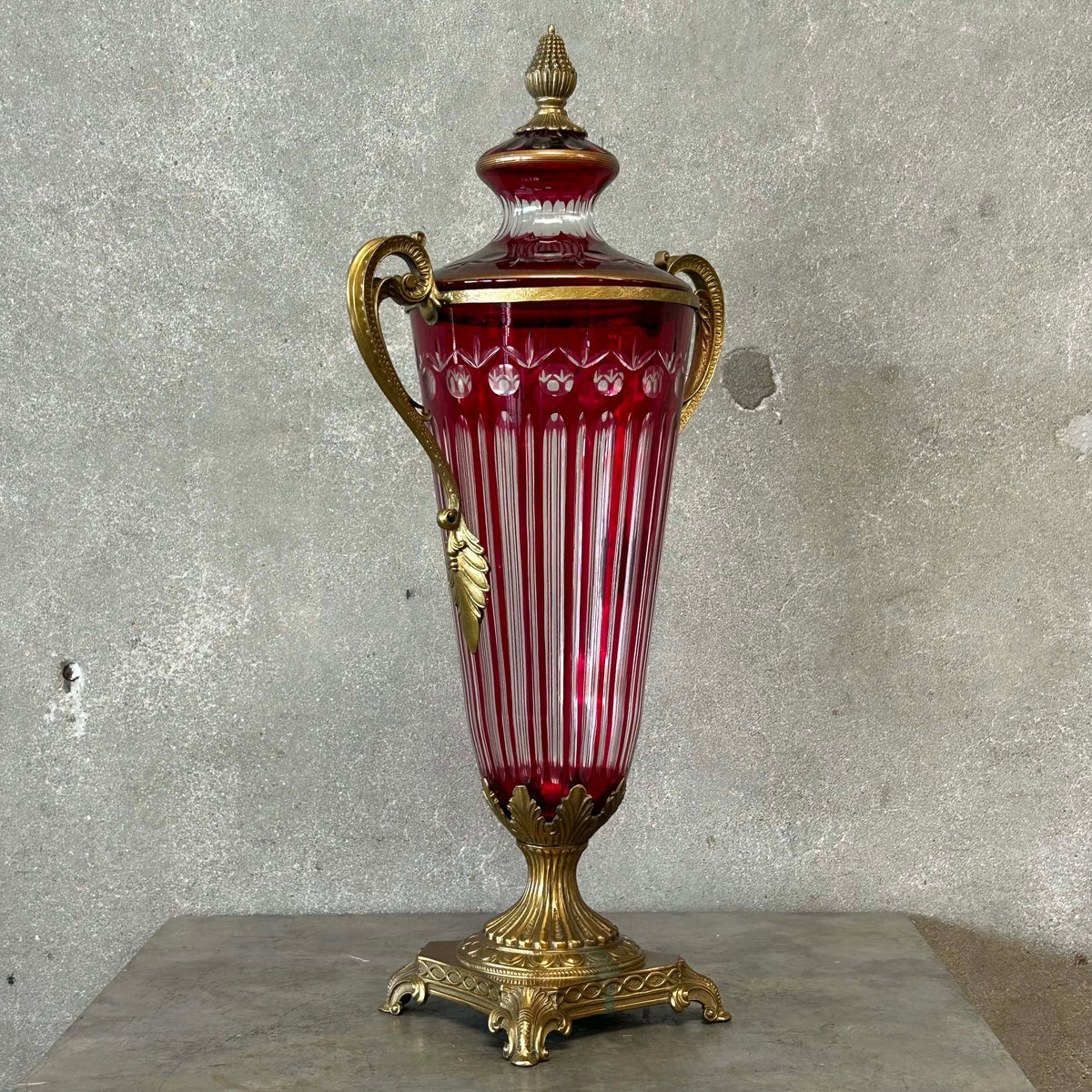 Antique Ruby Red Cut Crystal Urn/Vase Bronze
