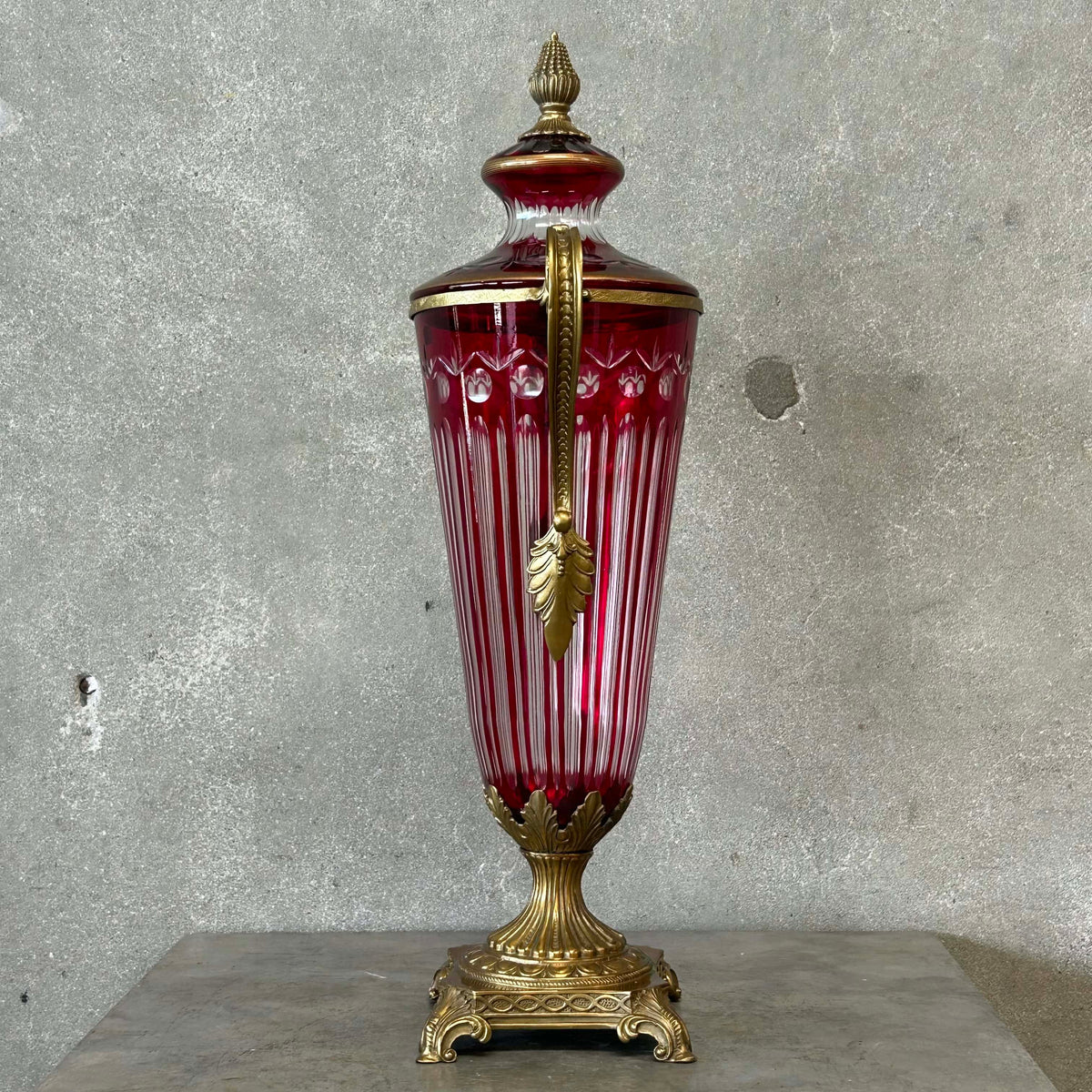 Antique Ruby Red Cut Crystal Urn/Vase Bronze