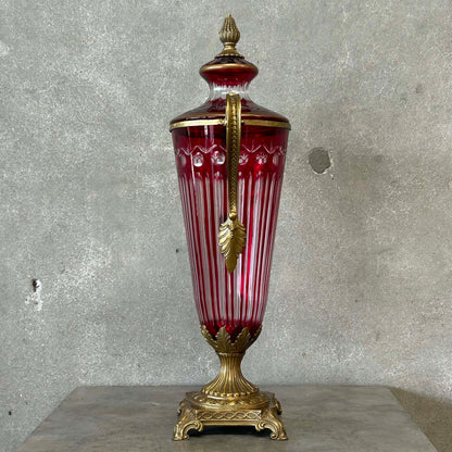 Antique Ruby Red Cut Crystal Urn/Vase Bronze