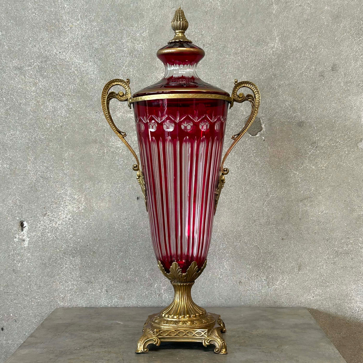 Antique Ruby Red Cut Crystal Urn/Vase Bronze