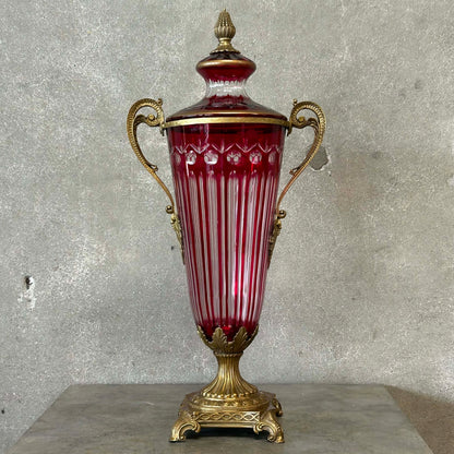 Antique Ruby Red Cut Crystal Urn/Vase Bronze