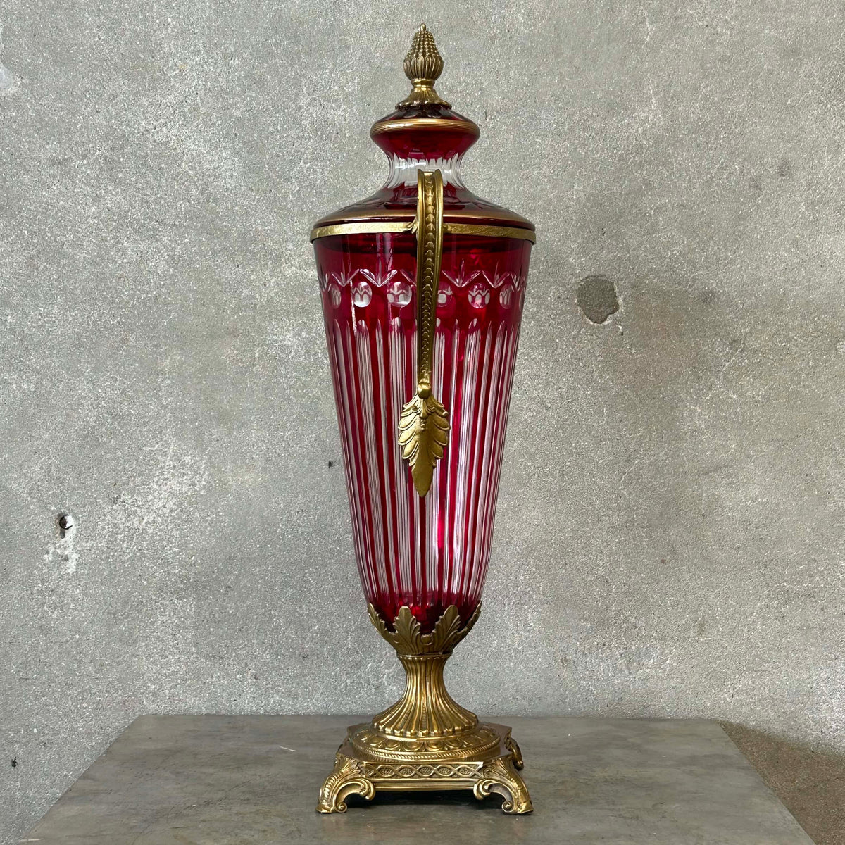 Antique Ruby Red Cut Crystal Urn/Vase Bronze