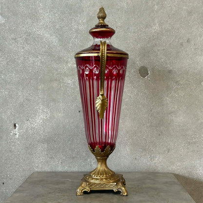 Antique Ruby Red Cut Crystal Urn/Vase Bronze