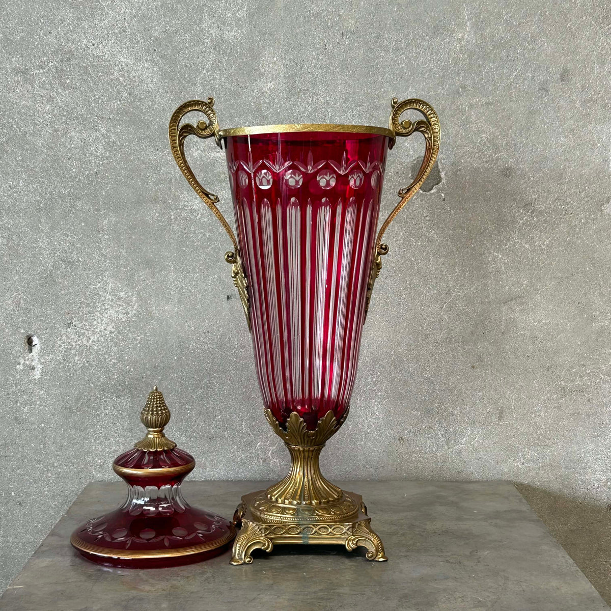 Antique Ruby Red Cut Crystal Urn/Vase Bronze