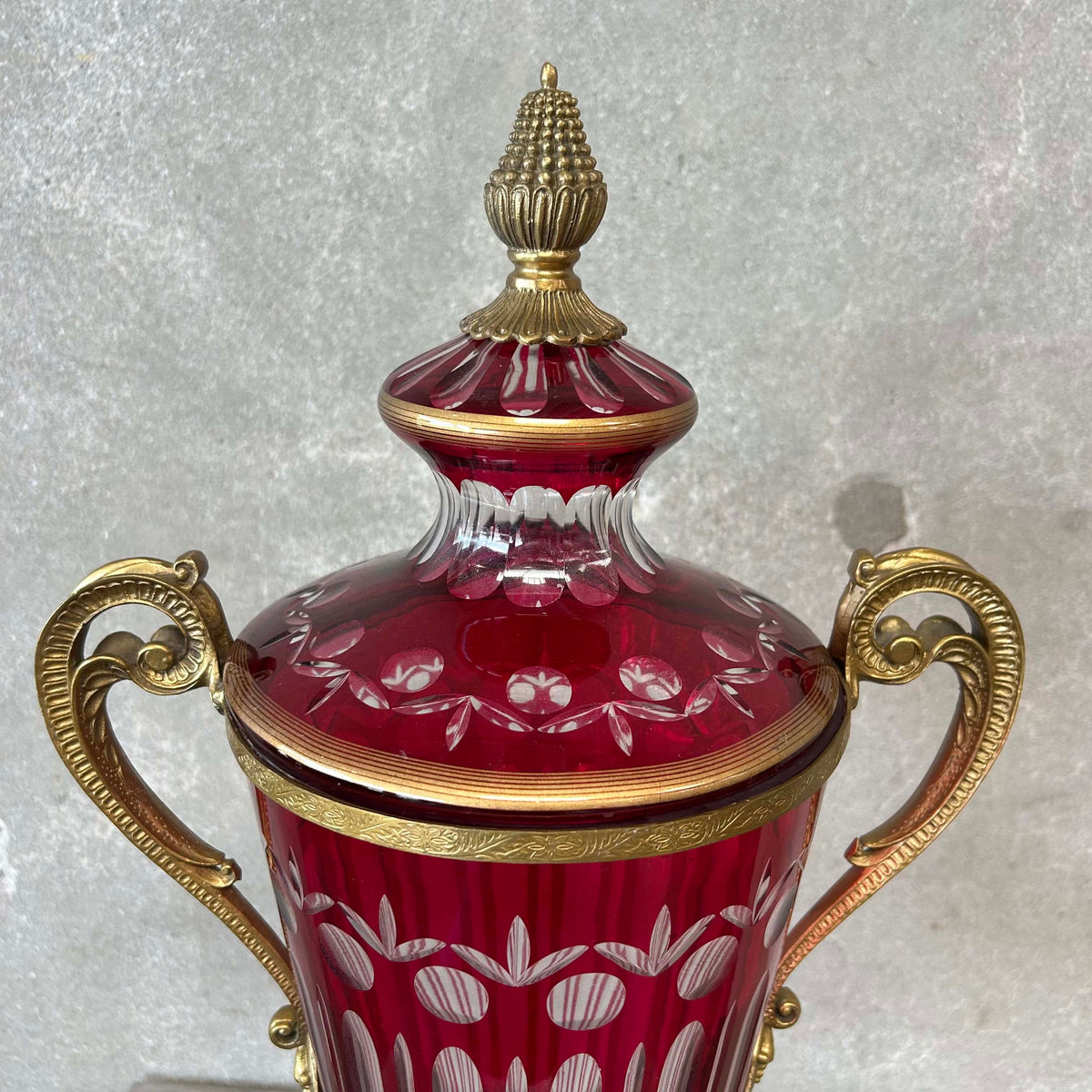 Antique Ruby Red Cut Crystal Urn/Vase Bronze