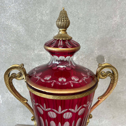 Antique Ruby Red Cut Crystal Urn/Vase Bronze
