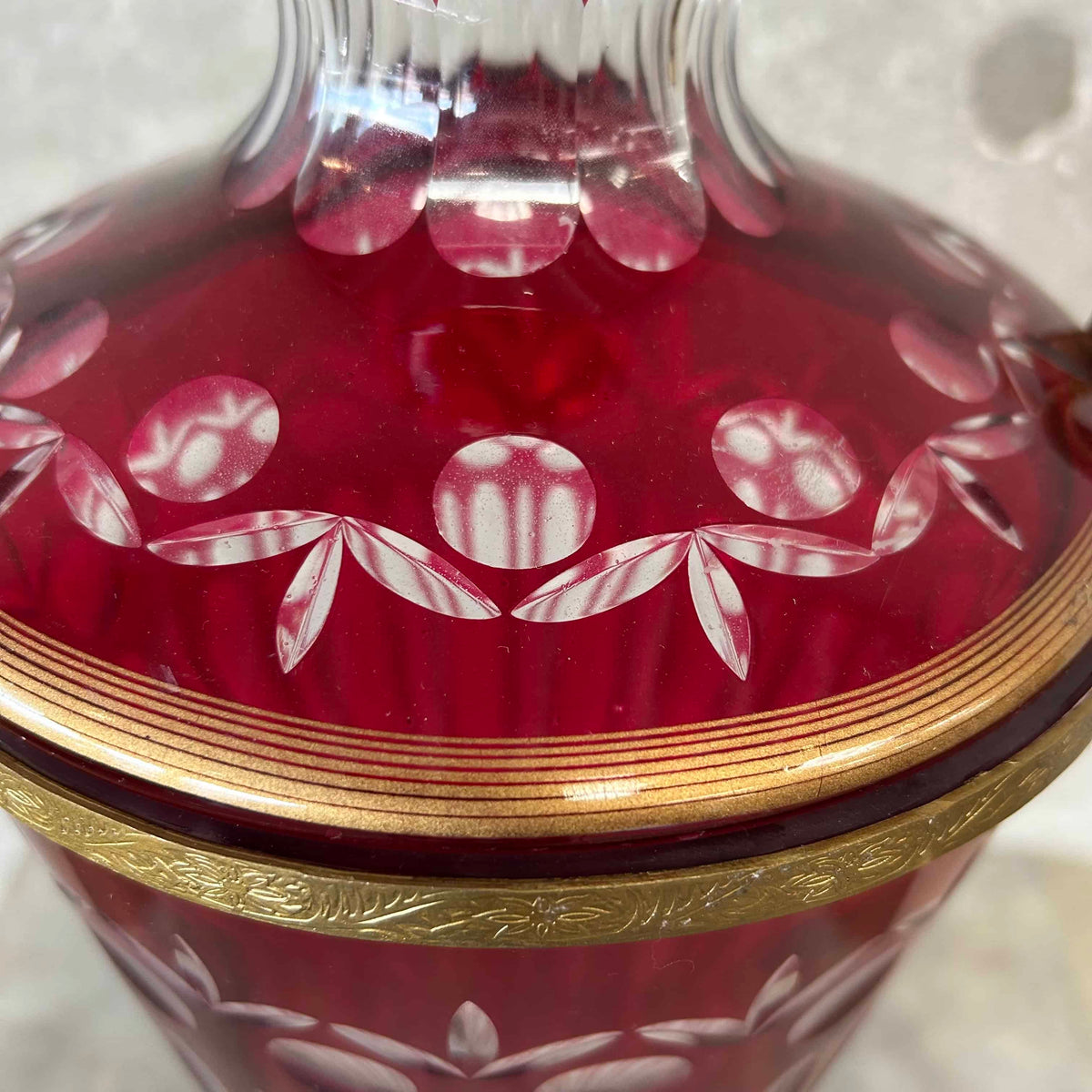 Antique Ruby Red Cut Crystal Urn/Vase Bronze