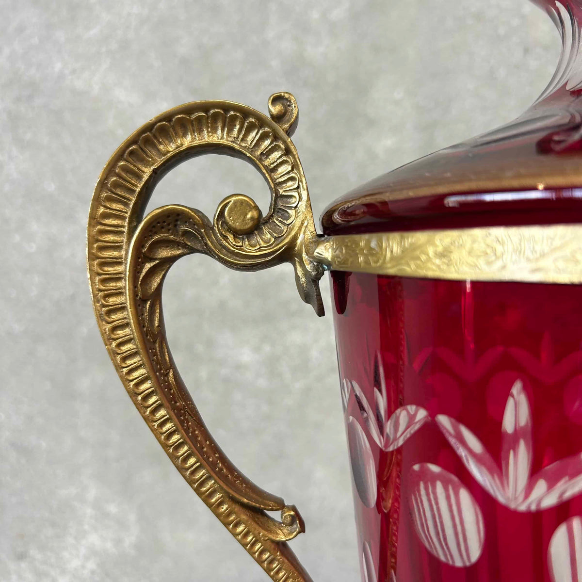 Antique Ruby Red Cut Crystal Urn/Vase Bronze
