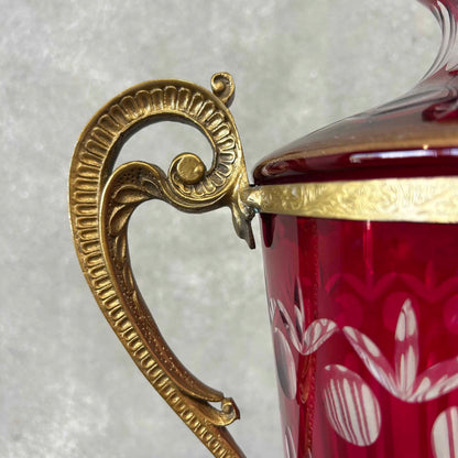 Antique Ruby Red Cut Crystal Urn/Vase Bronze