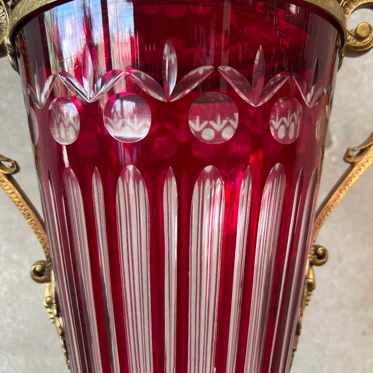 Antique Ruby Red Cut Crystal Urn/Vase Bronze