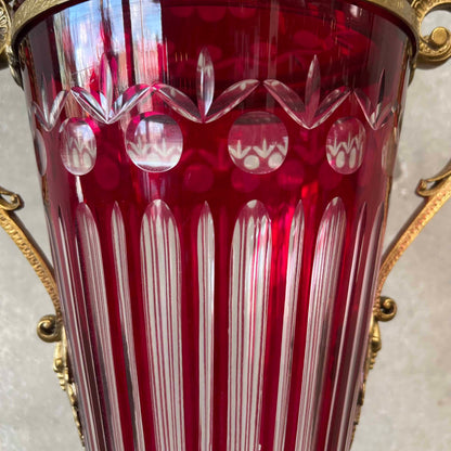 Antique Ruby Red Cut Crystal Urn/Vase Bronze
