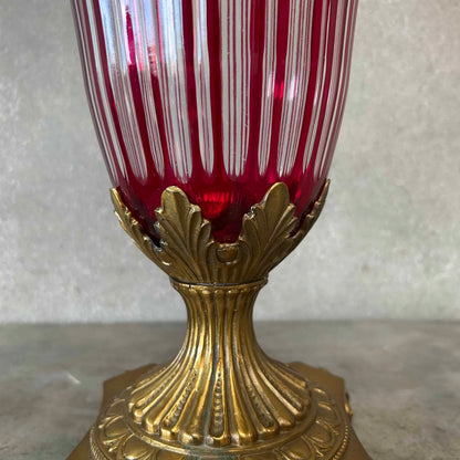 Antique Ruby Red Cut Crystal Urn/Vase Bronze