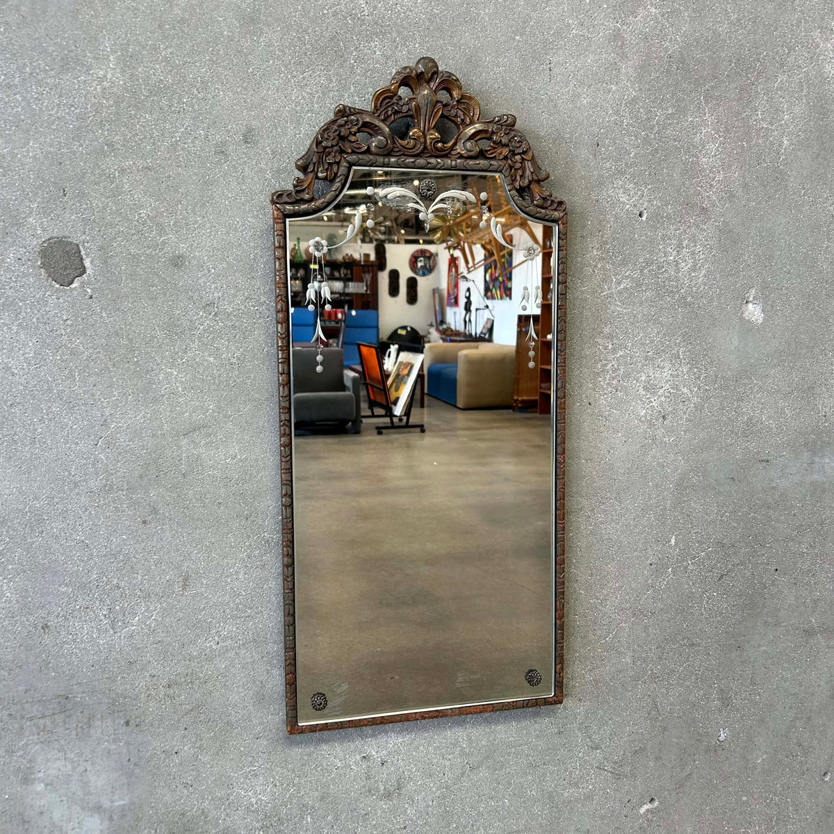 Vintage Etched Wall Mirror in Gilt Carved Wood Frame