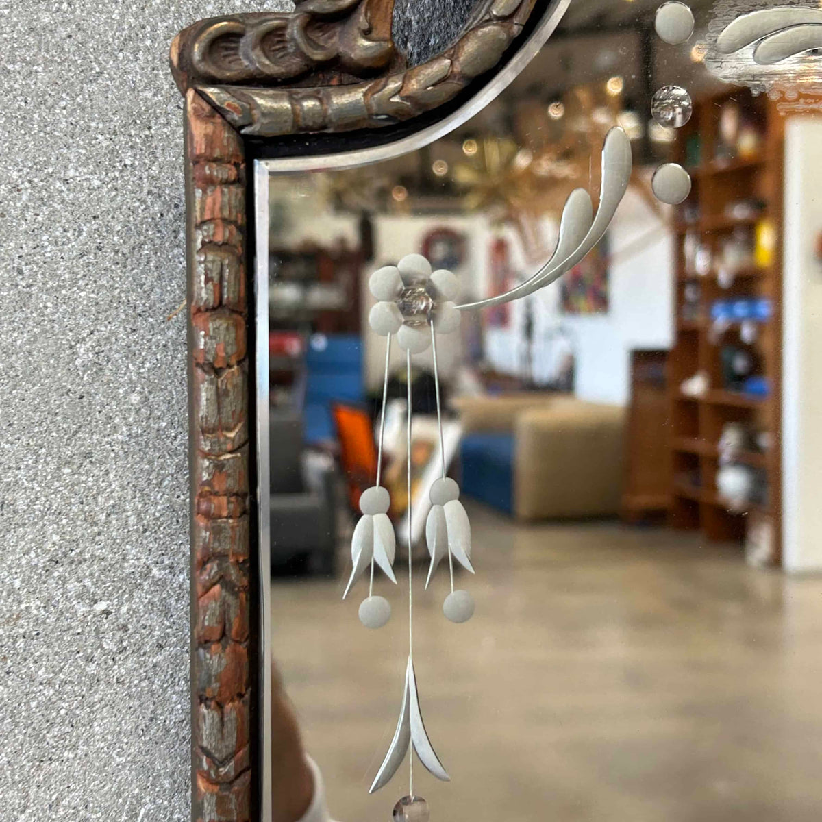 Vintage Etched Wall Mirror in Gilt Carved Wood Frame