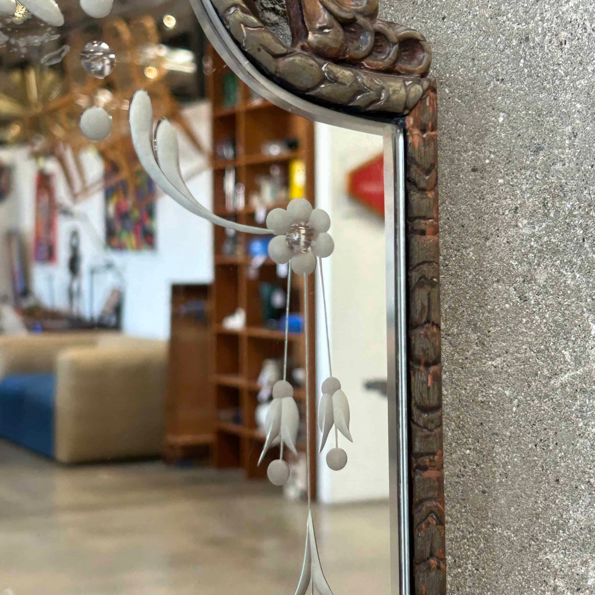 Vintage Etched Wall Mirror in Gilt Carved Wood Frame