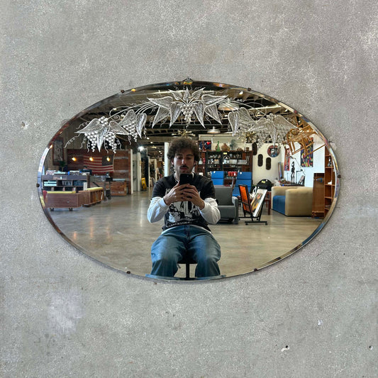Vintage Oval Beveled & Etched Wall Mirror w/ Grape Motif