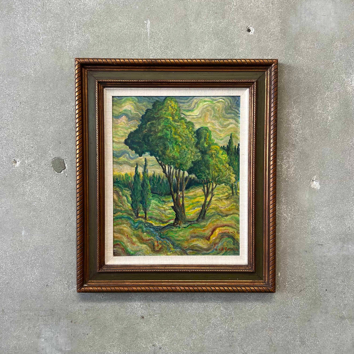 Vintage Signed Oil Painting Landscape in Wood Frame on Board, Signed A.V.D. Bossche