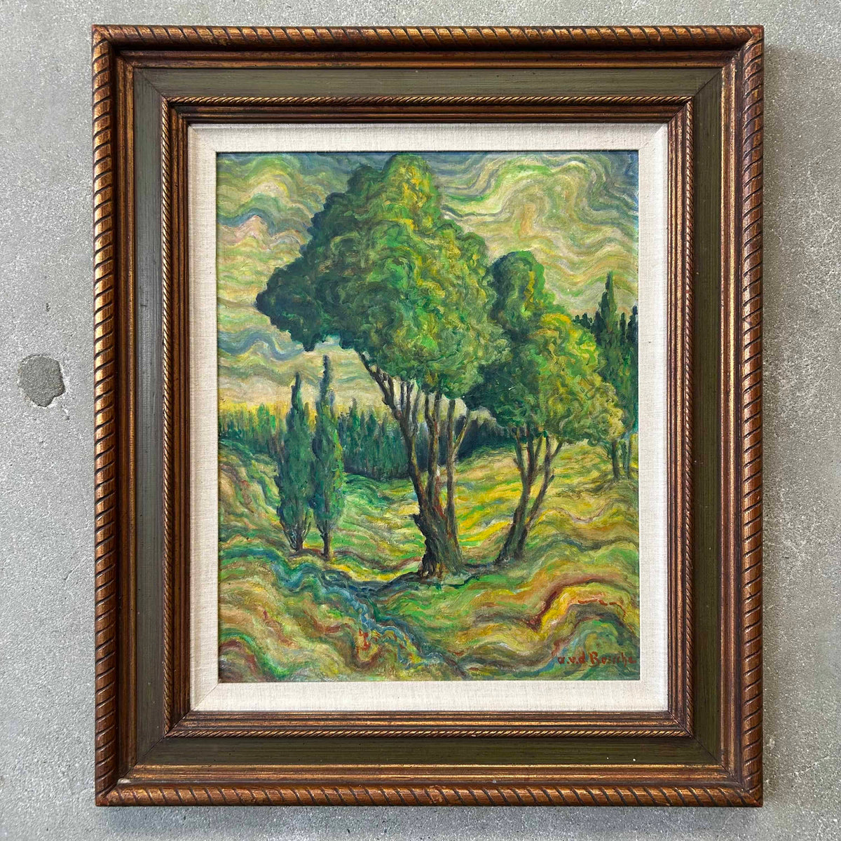 Vintage Signed Oil Painting Landscape in Wood Frame on Board, Signed A.V.D. Bossche