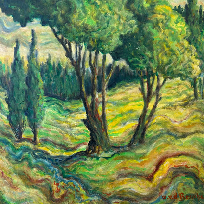 Vintage Signed Oil Painting Landscape in Wood Frame on Board, Signed A.V.D. Bossche