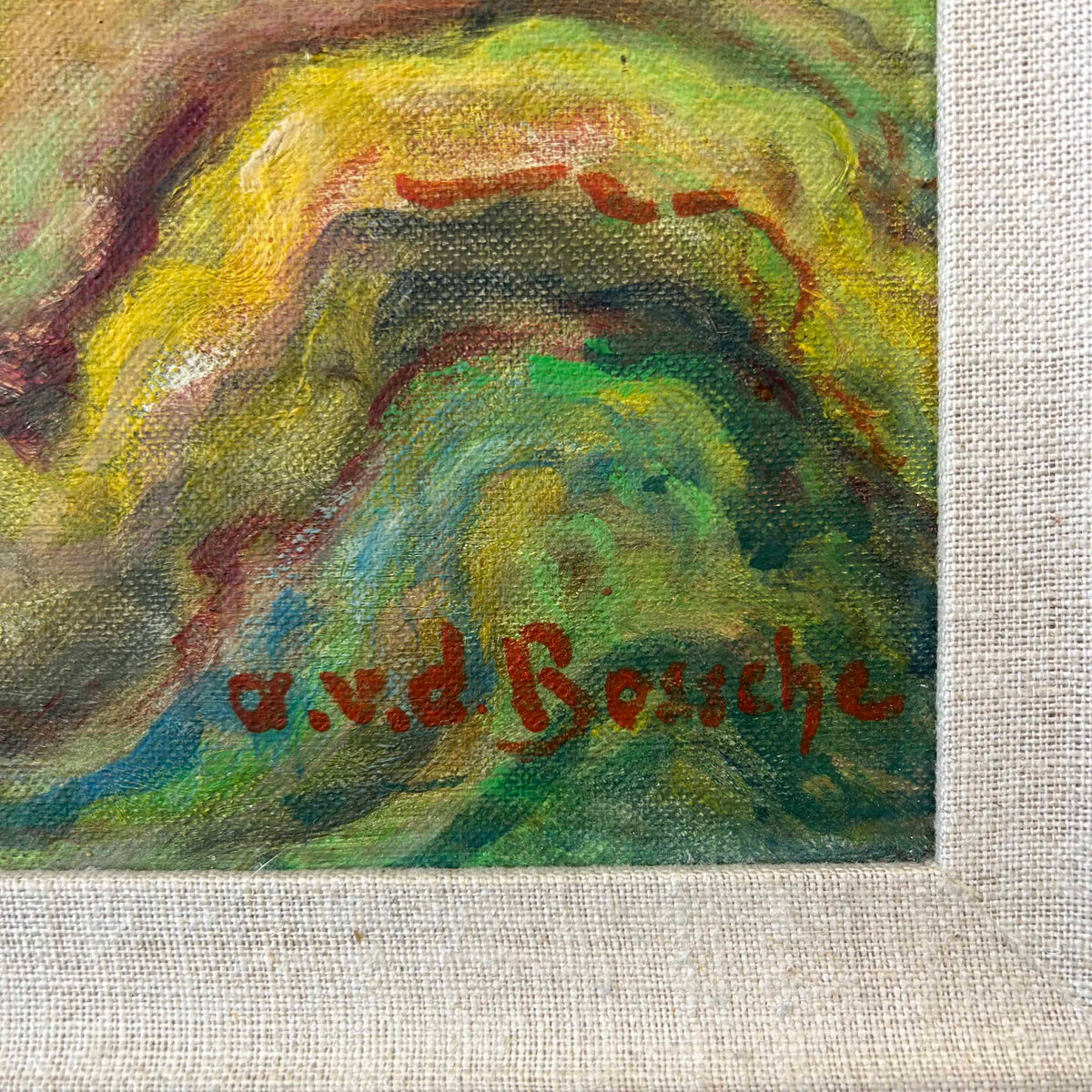 Vintage Signed Oil Painting Landscape in Wood Frame on Board, Signed A.V.D. Bossche