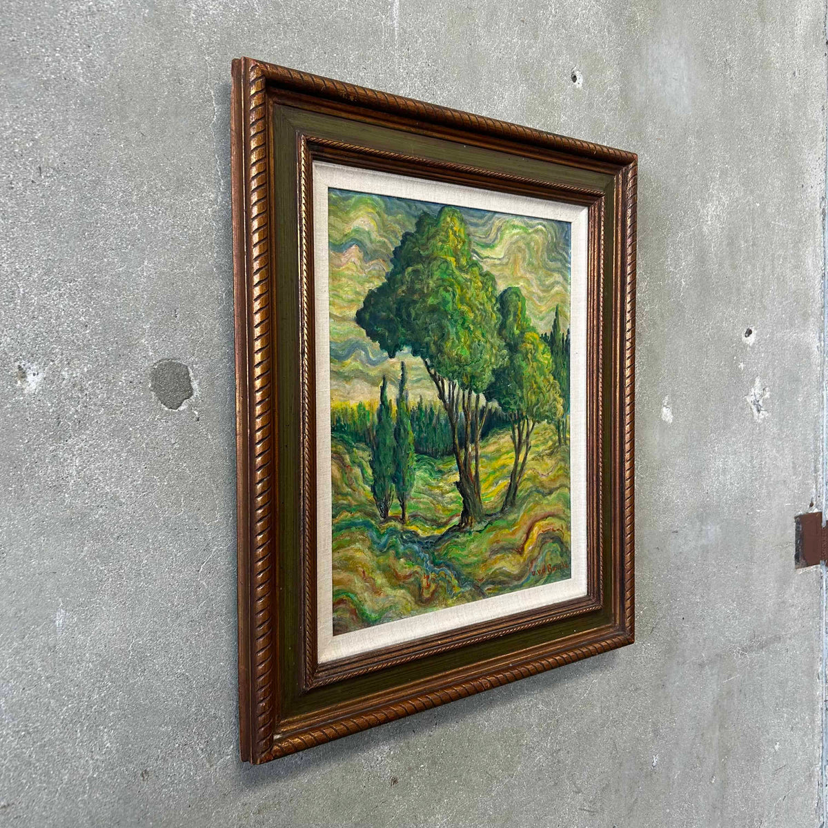 Vintage Signed Oil Painting Landscape in Wood Frame on Board, Signed A.V.D. Bossche