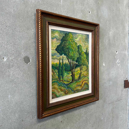 Vintage Signed Oil Painting Landscape in Wood Frame on Board, Signed A.V.D. Bossche
