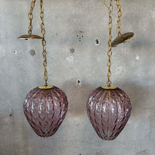 Two 1960's Purple Murano Pendant Lamps on Swag Chains