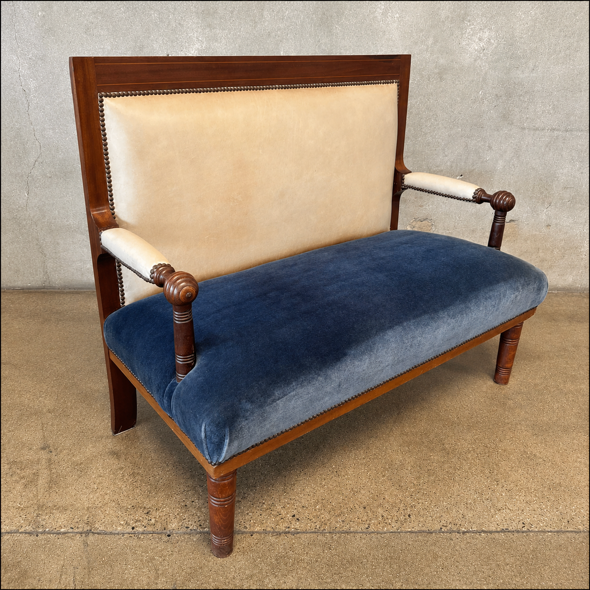 Antique French Settee in Cream Leather & Royal Blue Mohair
