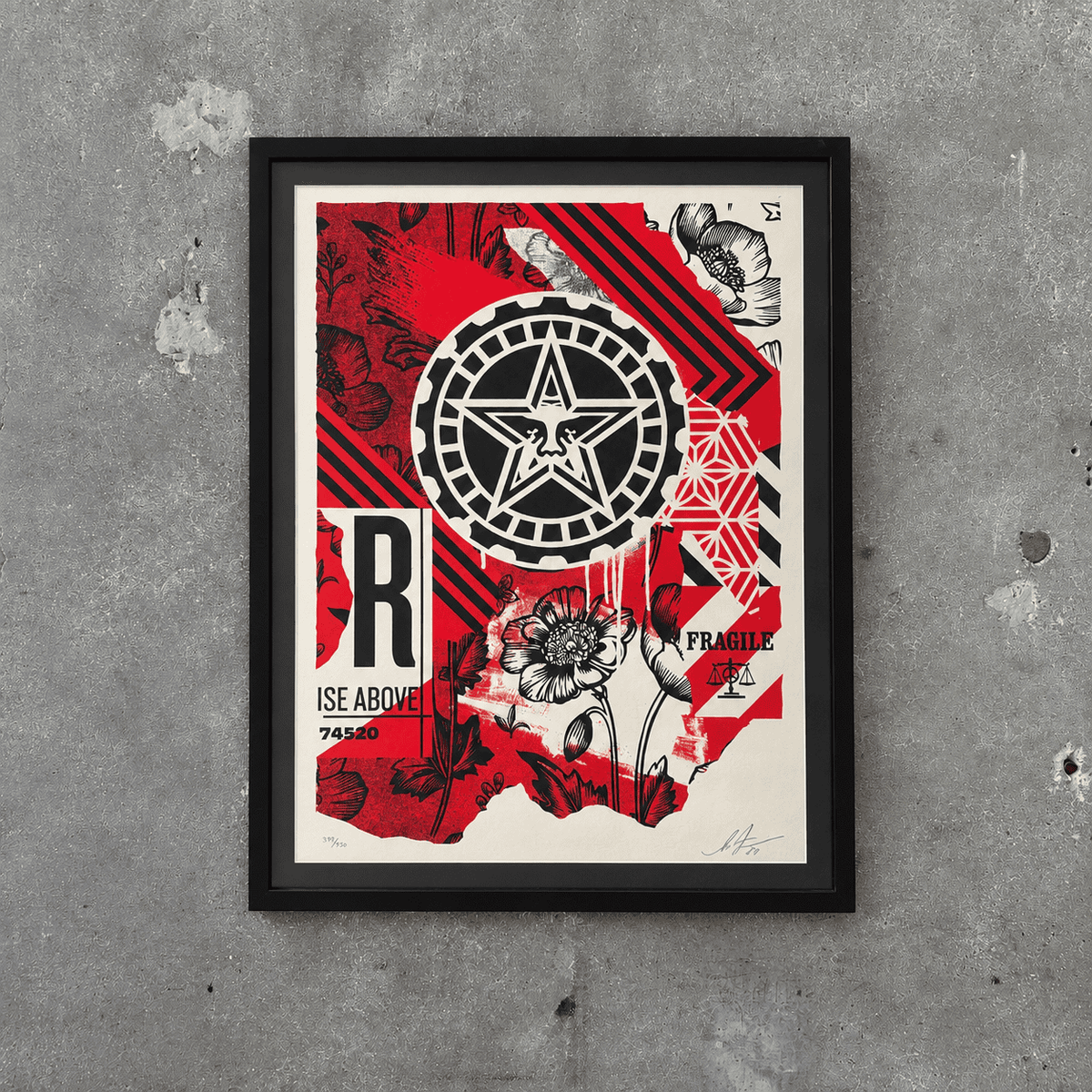 Framed Shepard Fairey "Rise Above / Fragile" Limited Edition Signed Screen Print 379/550