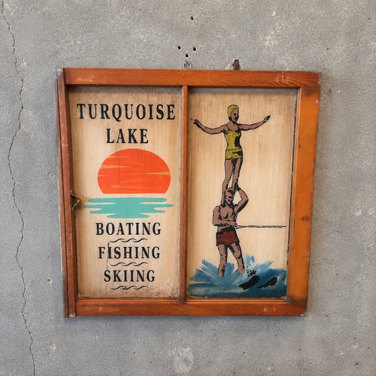 Antique Window Reverse Painted Water Skiing