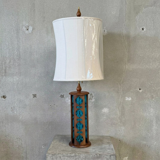 Mid Century Modern Modeline Walnut Blue Stained Glass Table Lamp