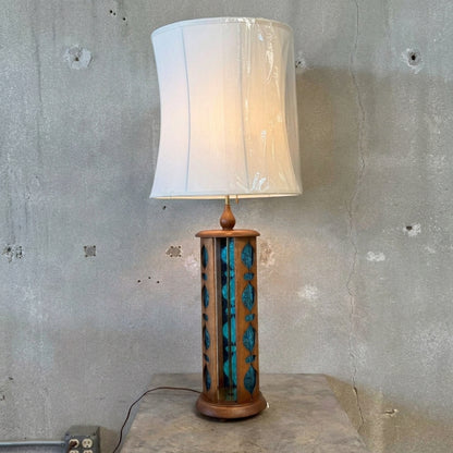 Mid Century Modern Modeline Walnut Blue Stained Glass Table Lamp
