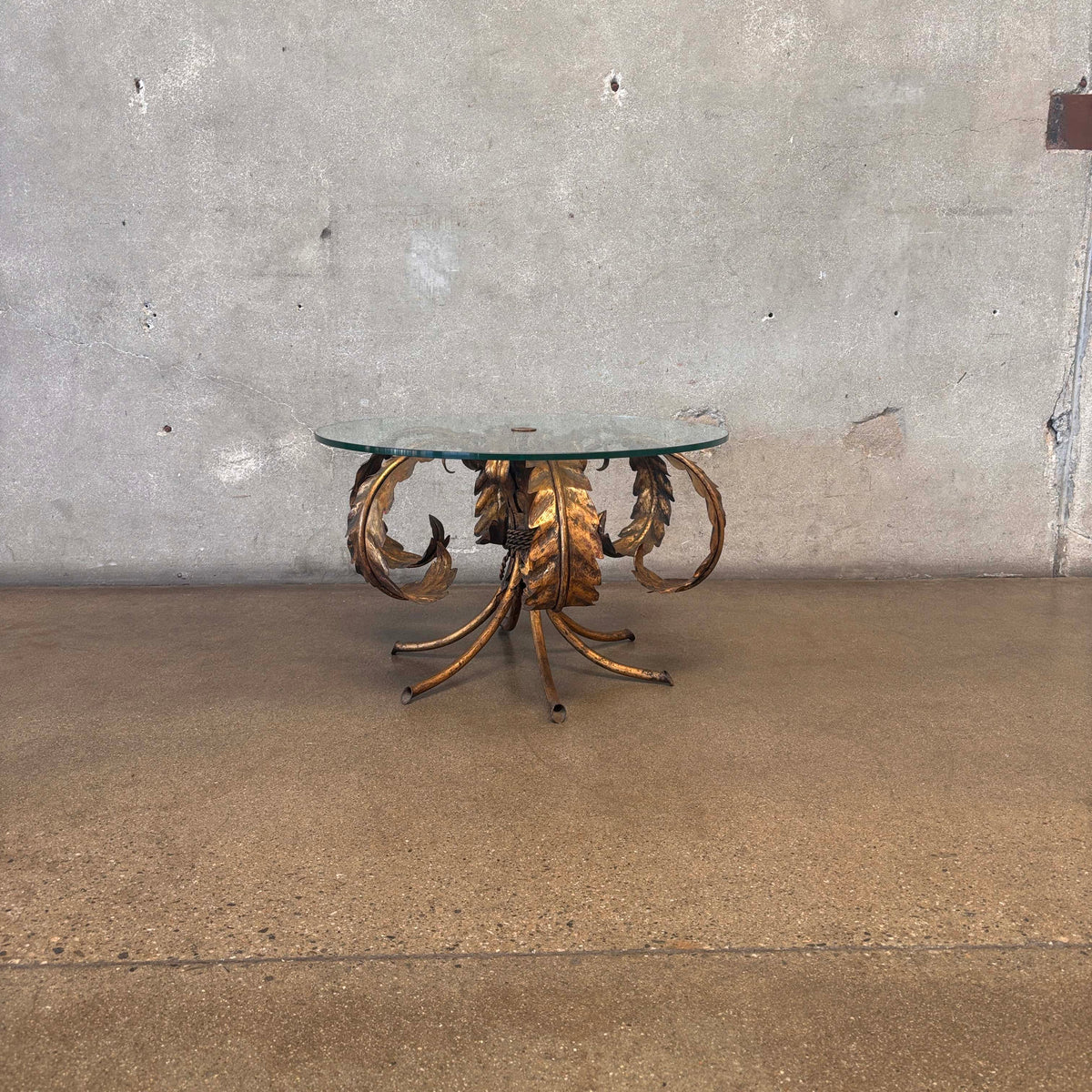 Vintage Hollywood Regency Tole Side Table With Iron Base & Glass Top #1