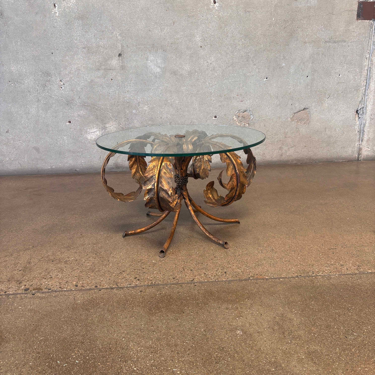 Vintage Hollywood Regency Tole Side Table With Iron Base & Glass Top #2