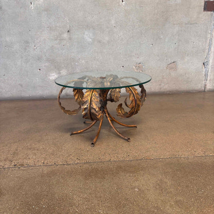 Vintage Hollywood Regency Tole Side Table With Iron Base & Glass Top #2