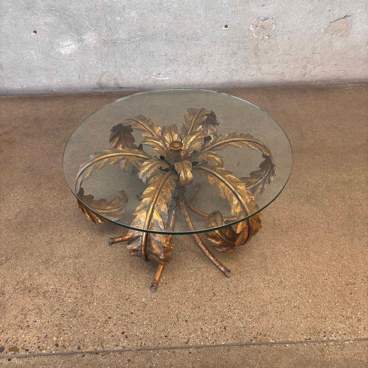 Vintage Hollywood Regency Tole Side Table With Iron Base & Glass Top #2