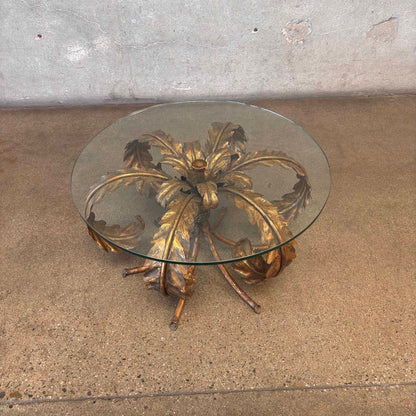 Vintage Hollywood Regency Tole Side Table With Iron Base & Glass Top #2