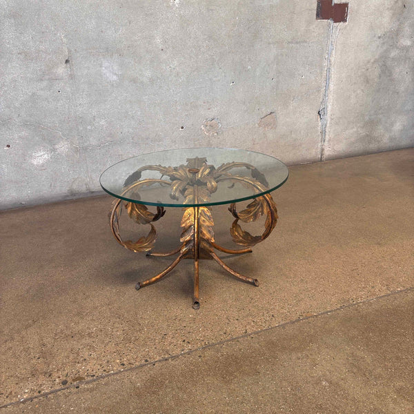 Vintage Hollywood Regency Tole Side Table With Iron Base & Glass Top #2