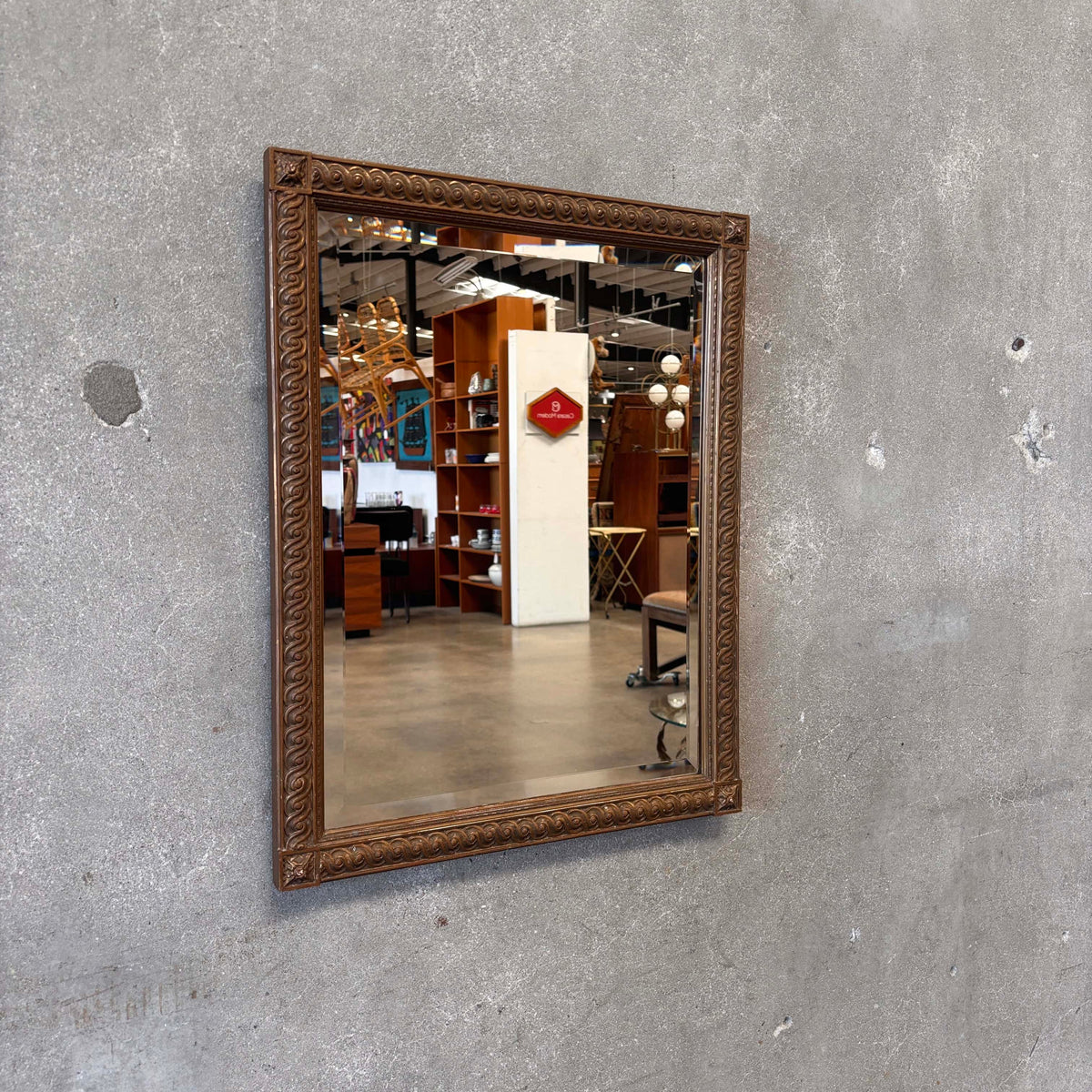 Vintage Rectangular Beveled Wall Mirror with Carved Gilded Wood Frame