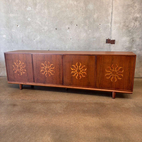 Vintage 60s/70s Cal-Mode Sun Inlaid Four Bay Walnut Credenza