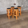 Set of Four Mid Century Modern Bamboo Barstools With Black Vinyl Seats