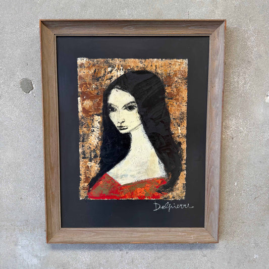 Mid Century Painting on Board of Pensive Young Woman Signed Delpierre