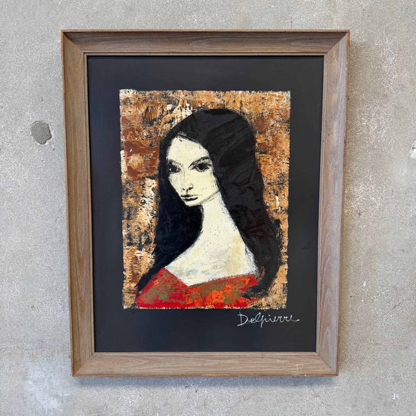 Mid Century Painting on Board of Pensive Young Woman Signed Delpierre